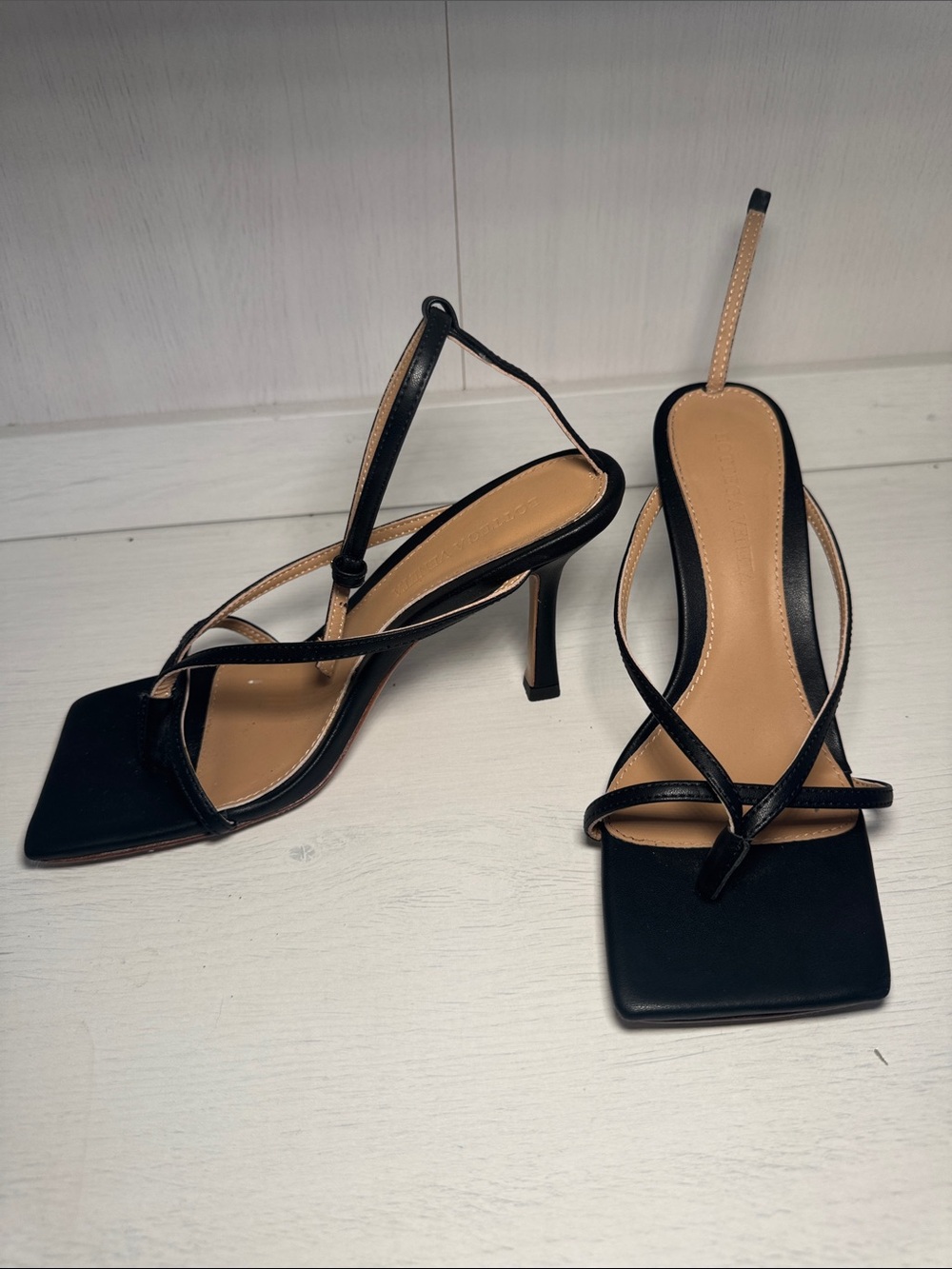 Bottega Veneta Black & Tan Strappy Square-Toe Slingback Heels - Picture 2 of 2